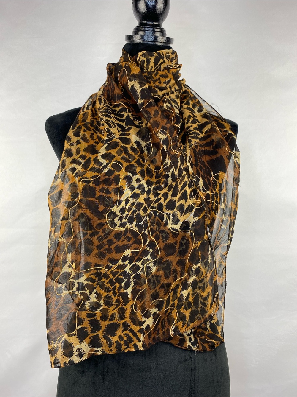 Y2K Leopard Print Sheer Chiffon Scarf Metallic Gold Swirl Art 62”X 13.5”